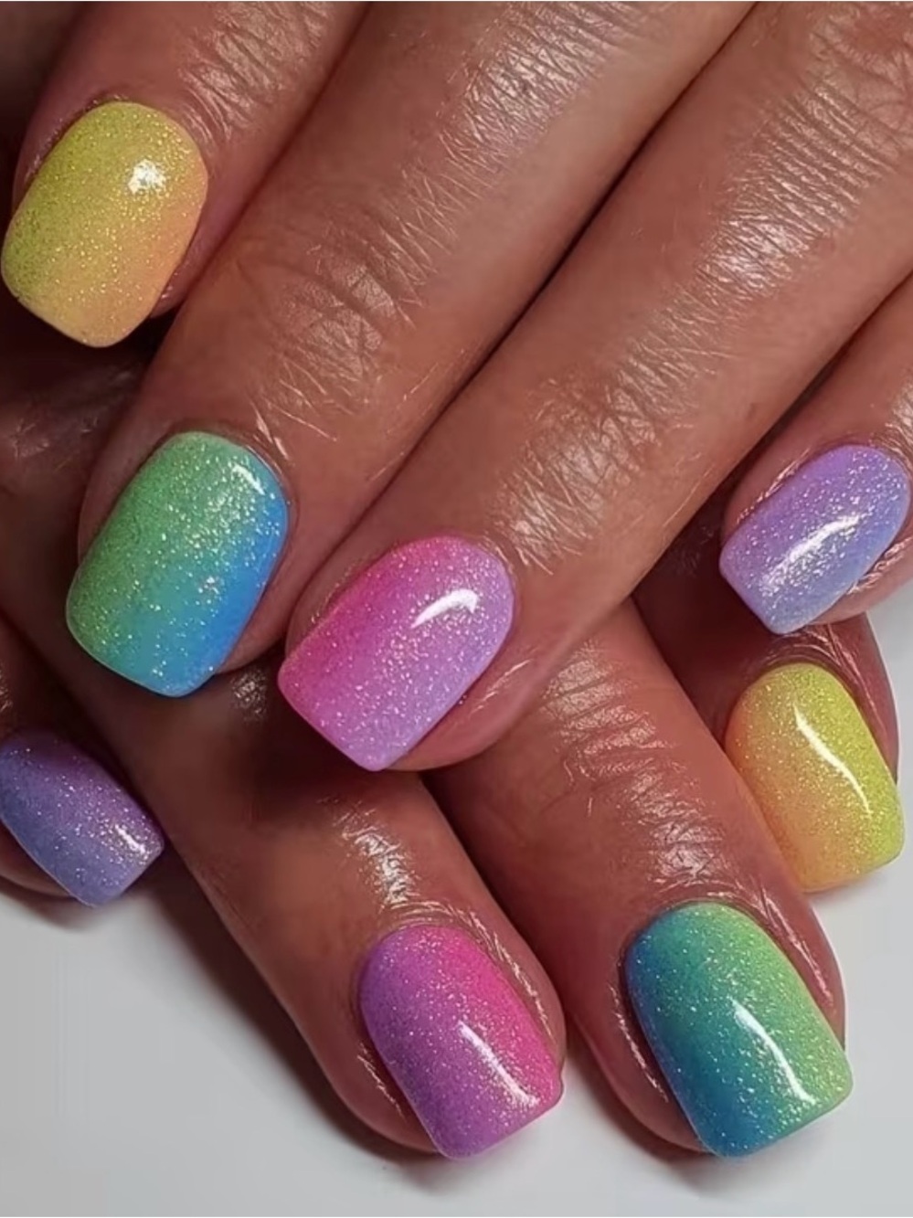 24 Piece Short, Square Multi-Color Pastel Ombre Glitter Finish Press-On Nails